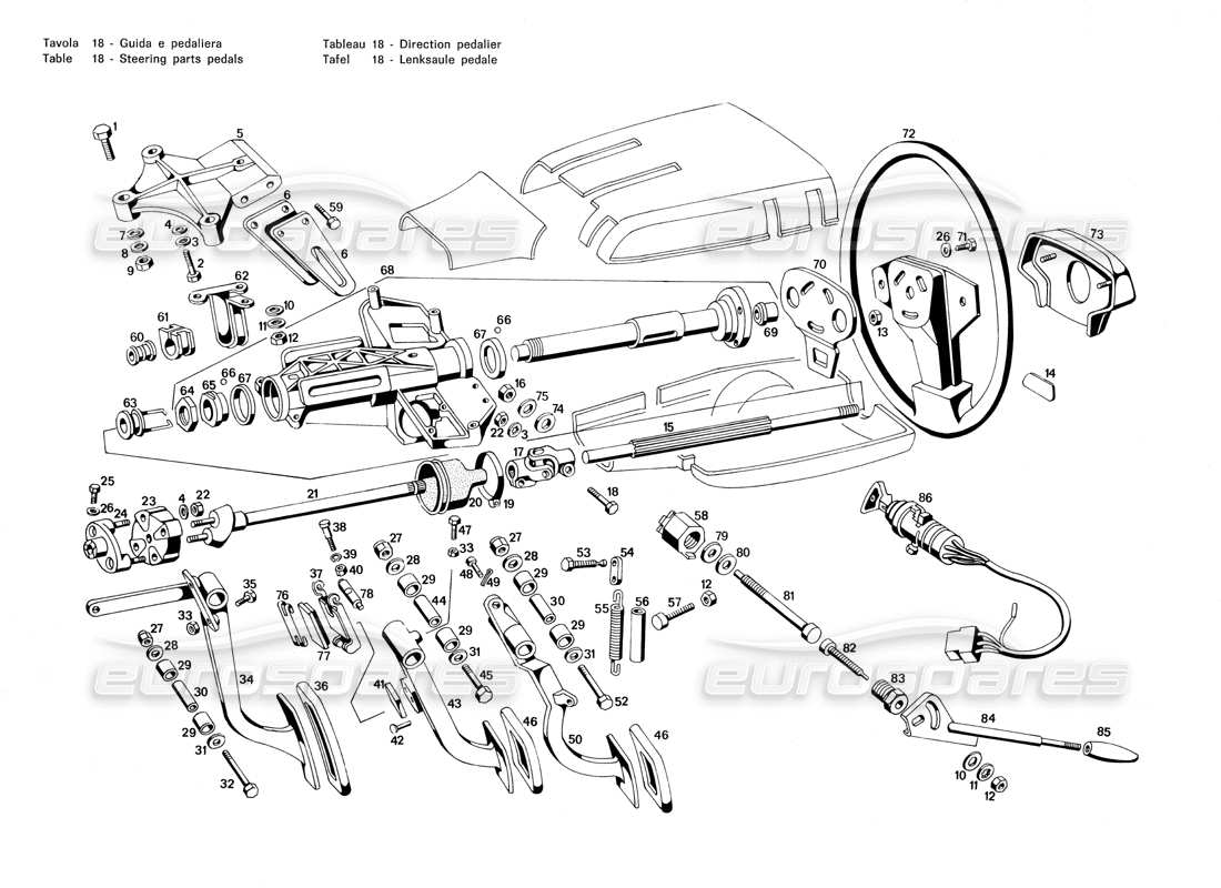 maserati merak 3.0 parti dello sterzo e pedali diagramma delle parti