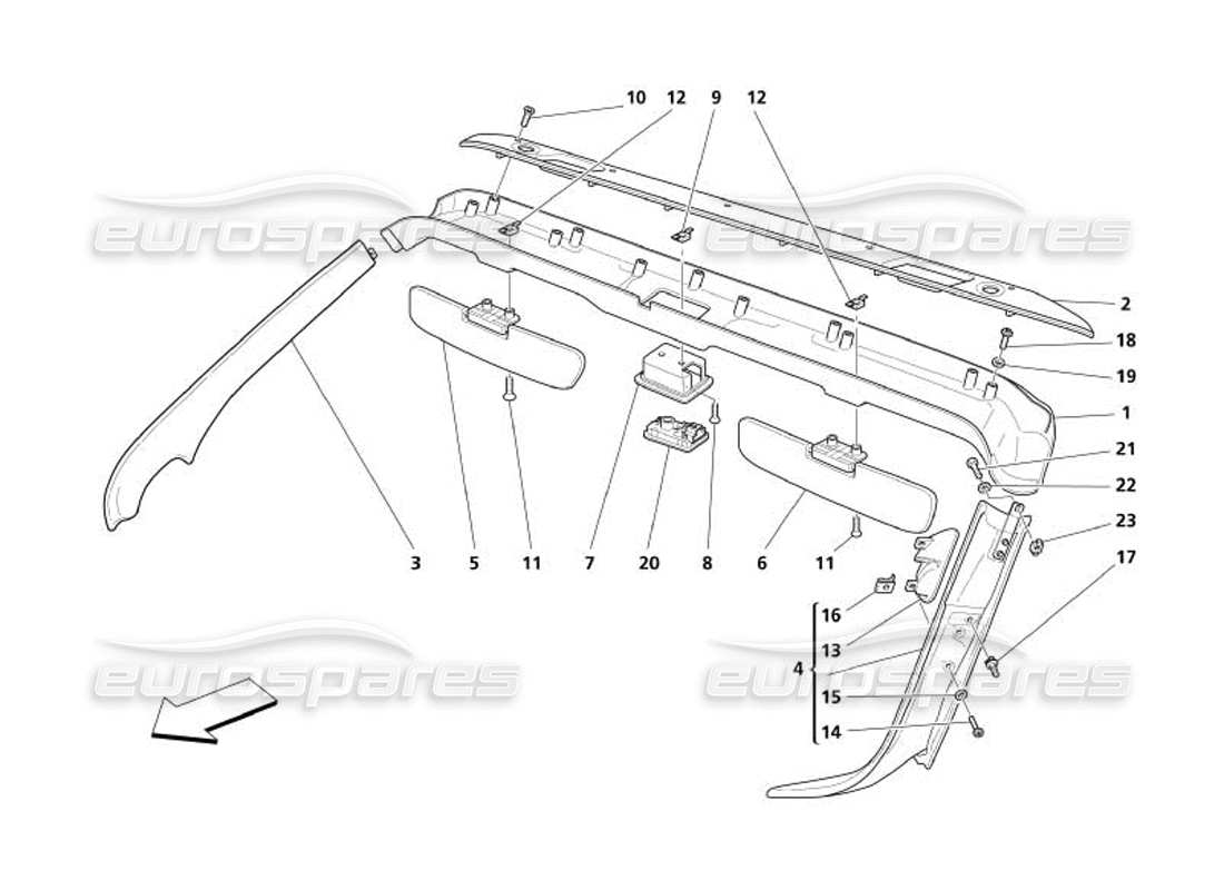 maserati 4200 spyder (2005) schema delle parti della tappezzeria e degli accessori del pannello del tetto