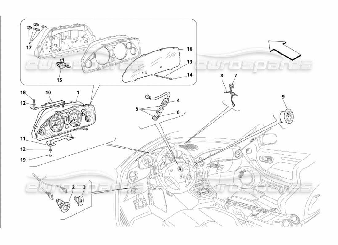 maserati 4200 gransport (2005) diagramma delle parti degli strumenti del cruscotto