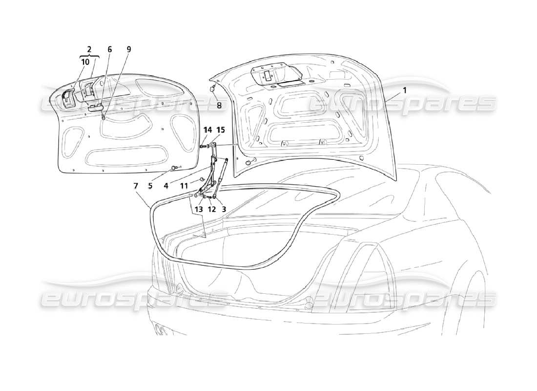 maserati qtp. (2006) 4.2 schema delle parti del cofano posteriore