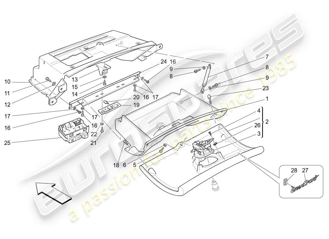 maserati 4200 gransport (2005) diagramma delle parti del cassetto del cruscotto