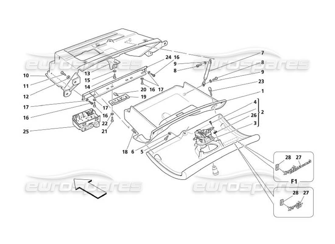 maserati 4200 spyder (2005) diagramma delle parti del cassetto del cruscotto