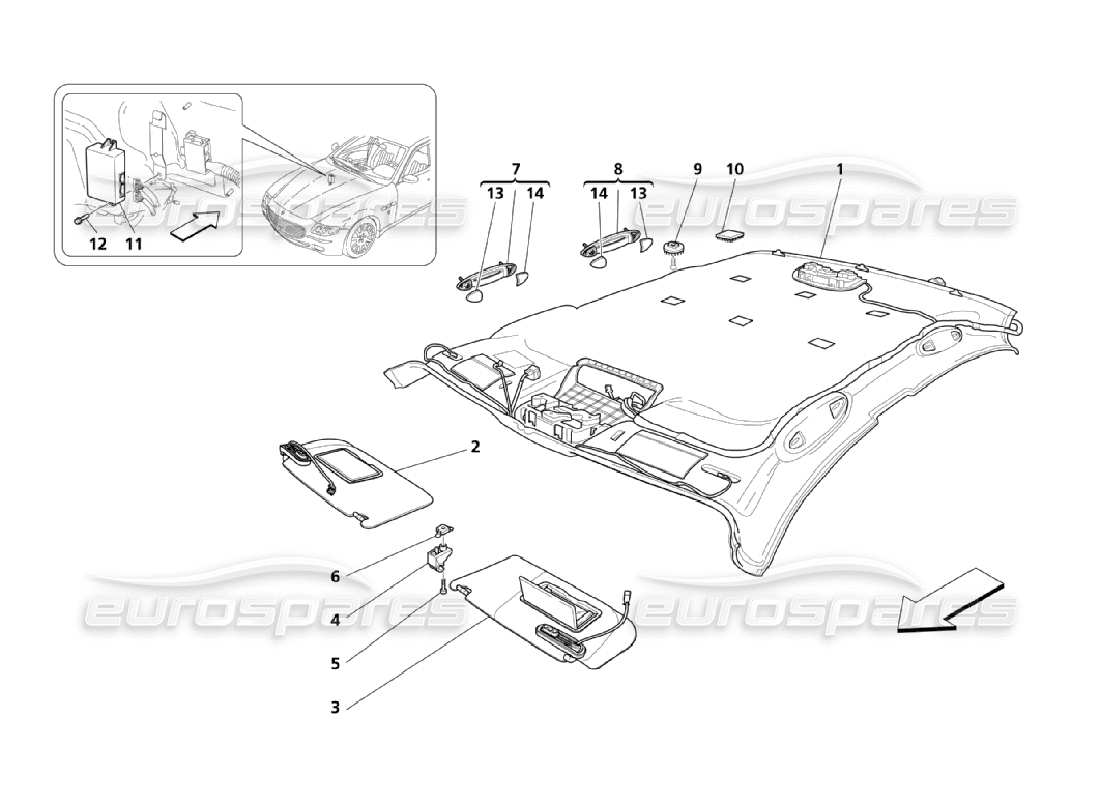 maserati qtp. (2006) 4.2 diagramma delle parti del tetto e delle alette parasole