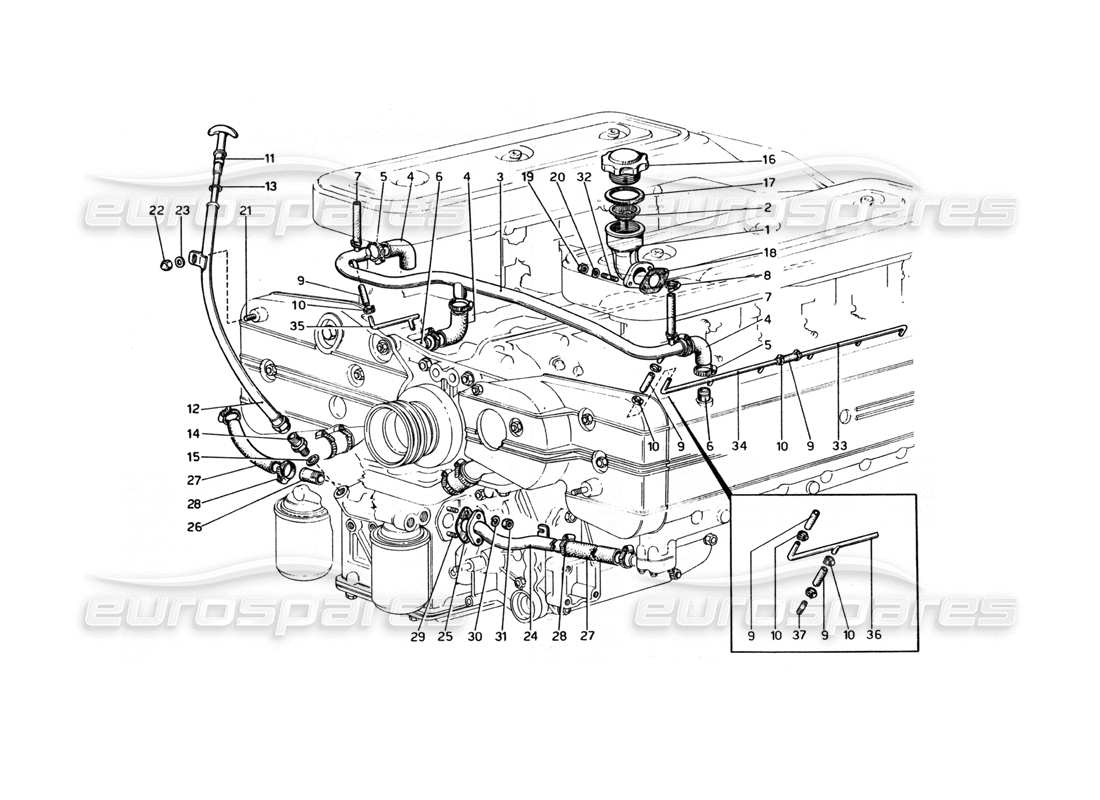 ferrari 365 gt4 berlinetta boxer lubrificazione: diagramma delle parti blow-by e astina di livello