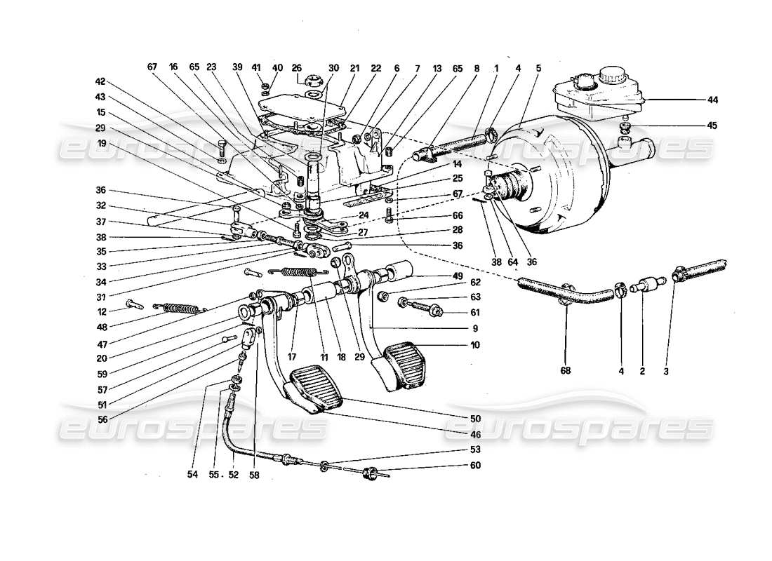 ferrari 308 quattrovalvole (1985) pedaliera - schema delle parti dei comandi freno e frizione