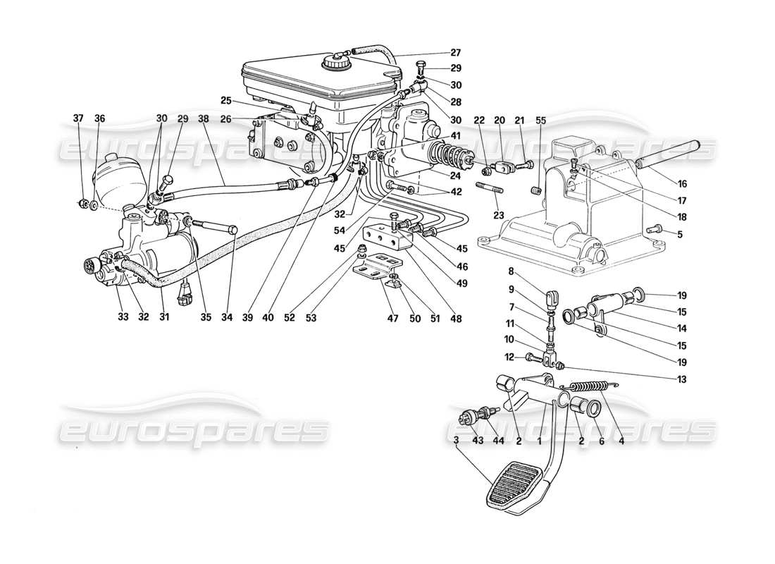 ferrari 328 (1988) schema delle parti dell'impianto frenante idraulico (per auto con sistema antislittamento - varianti per versione con guida a destra).