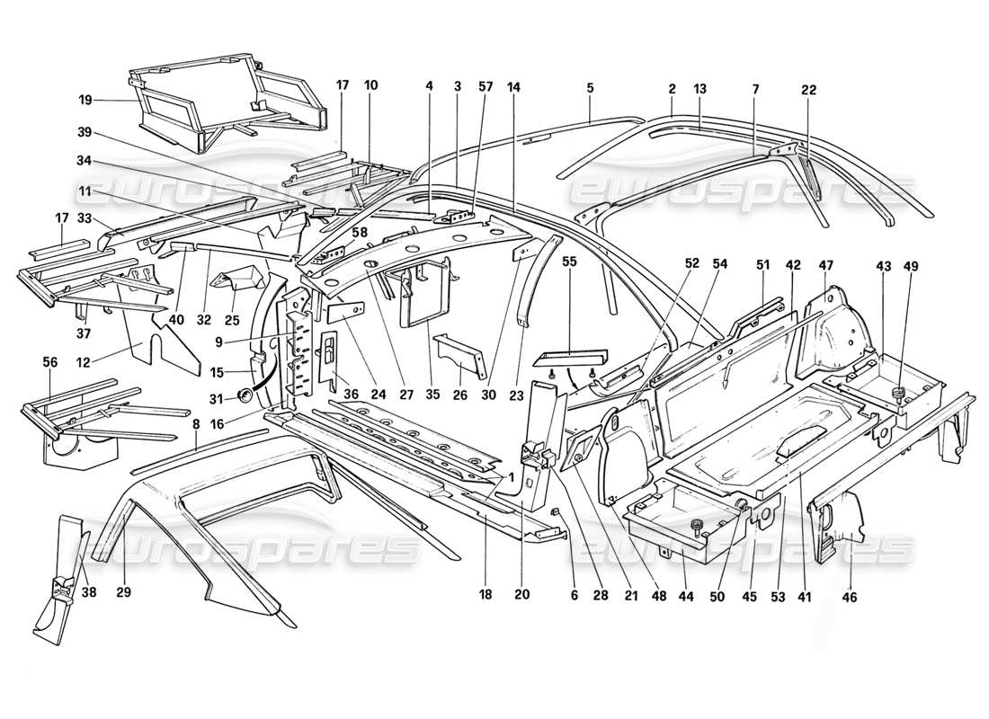 ferrari 328 (1988) carrozzeria - diagramma delle parti degli elementi interni (per aus e ch87 e ch88).