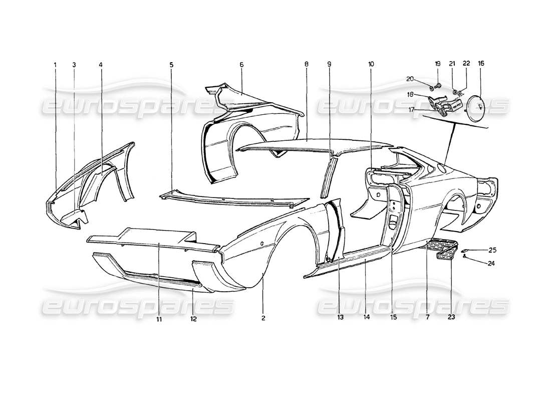 ferrari 208 gt4 dino (1975) scocca - elementi esterni diagramma delle parti
