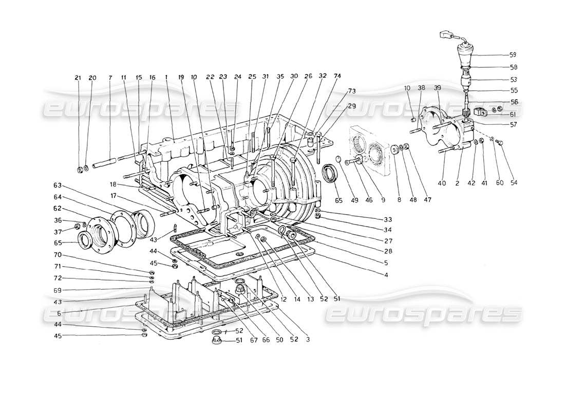 ferrari 208 gt4 dino (1975) schema delle parti del cambio: alloggiamento del differenziale e coppa dell'olio