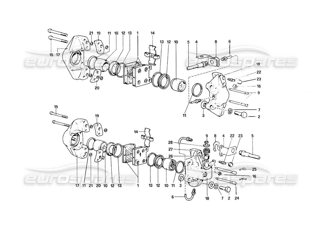 ferrari 308 quattrovalvole (1985) schema delle parti delle pinze dei freni anteriori e posteriori