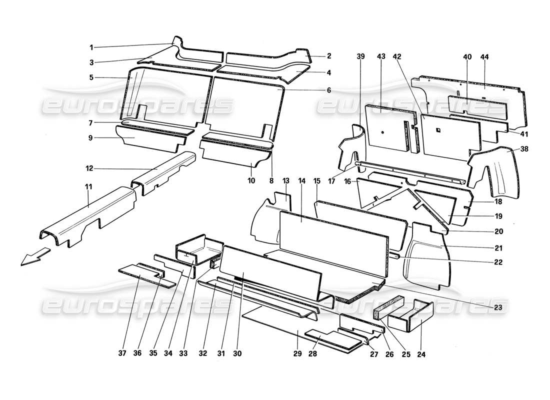 ferrari 328 (1988) isolamento del vano bagagli e passeggeri (fino al n. auto 66965 - non per us - aus - ch87 - sa - j) diagramma delle parti