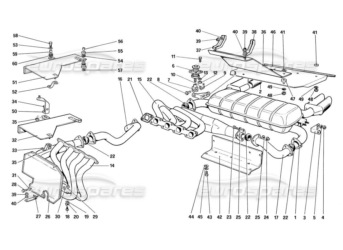 ferrari 328 (1988) diagramma delle parti del sistema di scarico (non per usa - sa - versione ch87 e ch88).