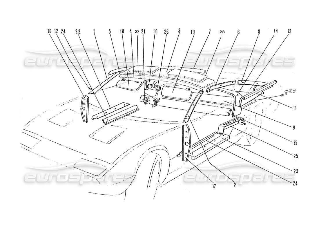 ferrari 365 gtc4 (coachwork) schema delle parti dei pannelli di rivestimento interni e delle alette parasole