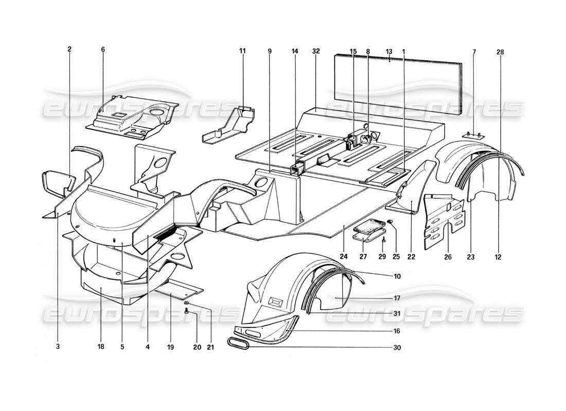 ferrari 512 bbi scocca - elementi interni diagramma delle parti
