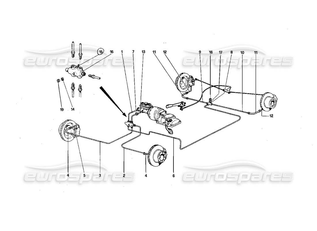 ferrari 308 quattrovalvole (1985) schema delle parti del sistema frenante