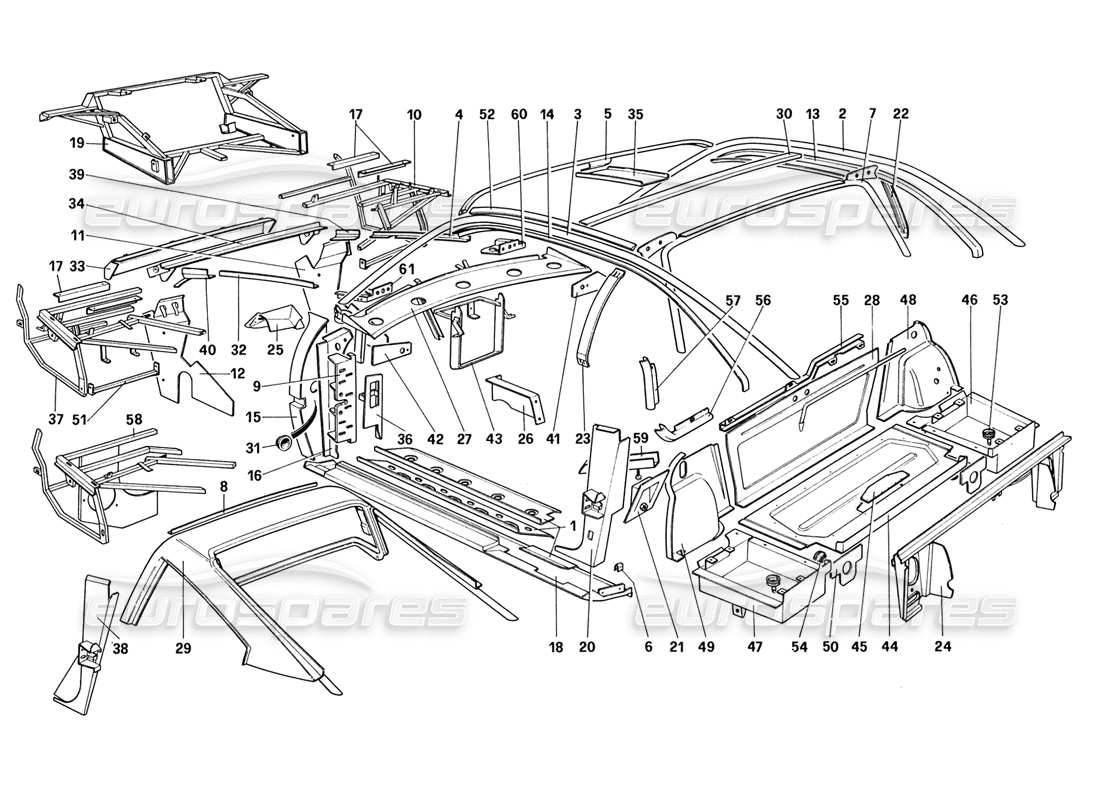 ferrari 328 (1988) schema delle parti scocca - elementi interni (per usa - sa - j).