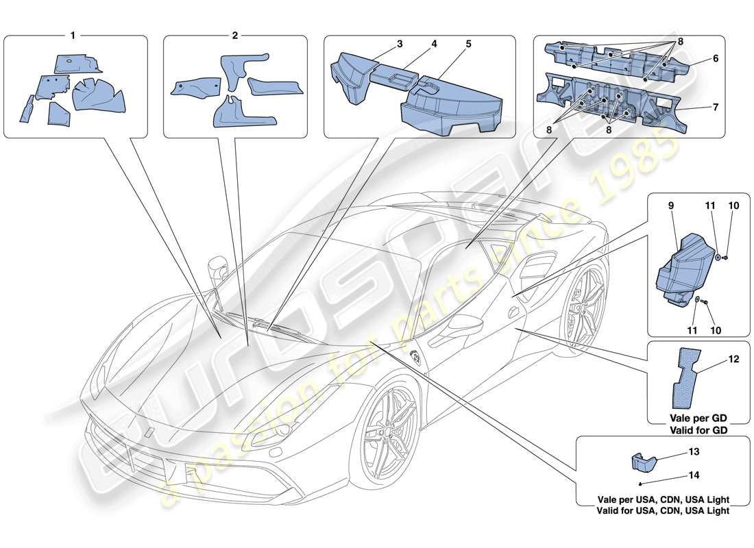 un diagramma delle parti dal catalogo delle parti Ferrari 488 GTB (RHD).