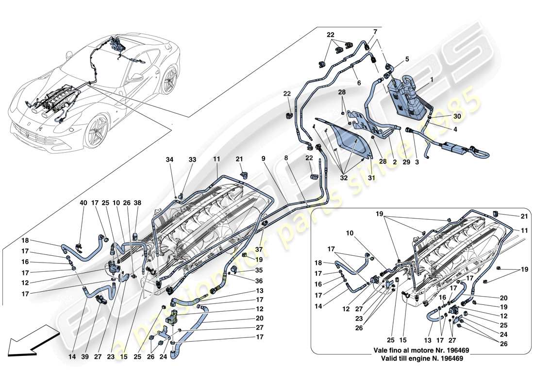 uno schema delle parti dal catalogo delle parti Ferrari F12 Berlinetta (RHD).