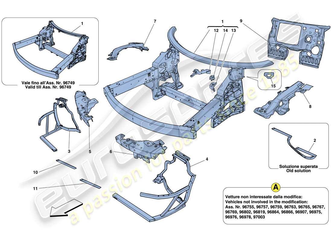 uno schema delle parti dal catalogo delle parti di Ferrari 458 Italia (RHD).