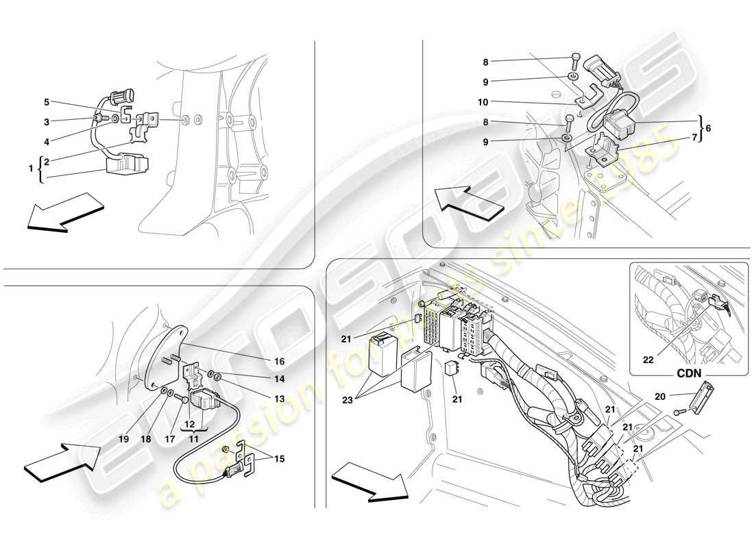 ferrari f430 spider (rhd) ecu e sensori nel vano anteriore e vano motore schema delle parti