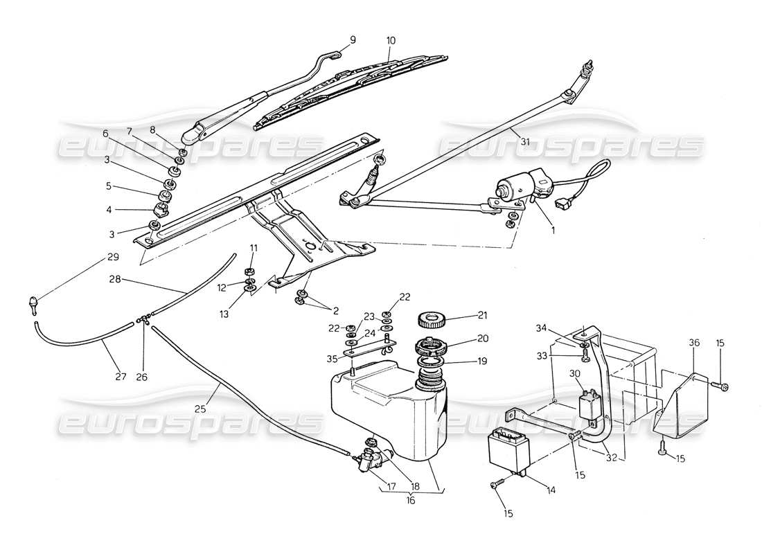 maserati biturbo spider schema delle parti del tergicristallo - rondella (sterzo destro).