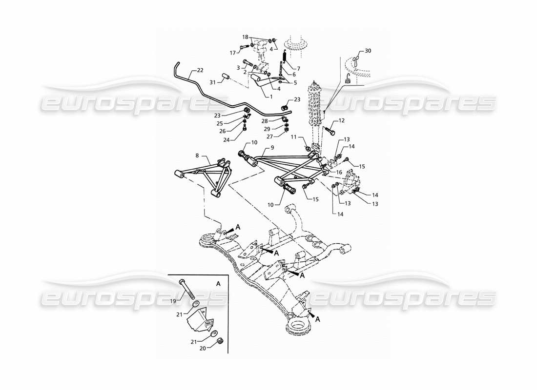 maserati qtp. 3.2 v8 (1999) schema delle parti della sospensione posteriore e della barra antirollio