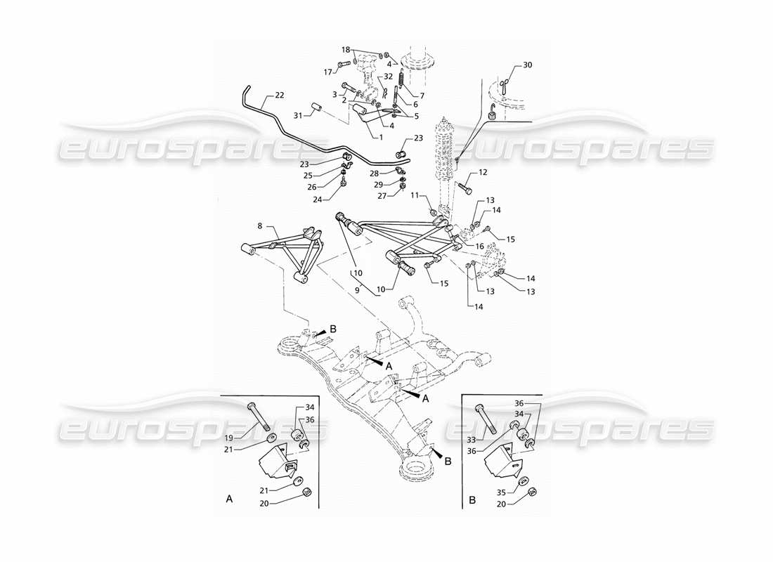 maserati qtp v8 (1998) (post-mod) schema delle parti della sospensione posteriore con barra antirollio