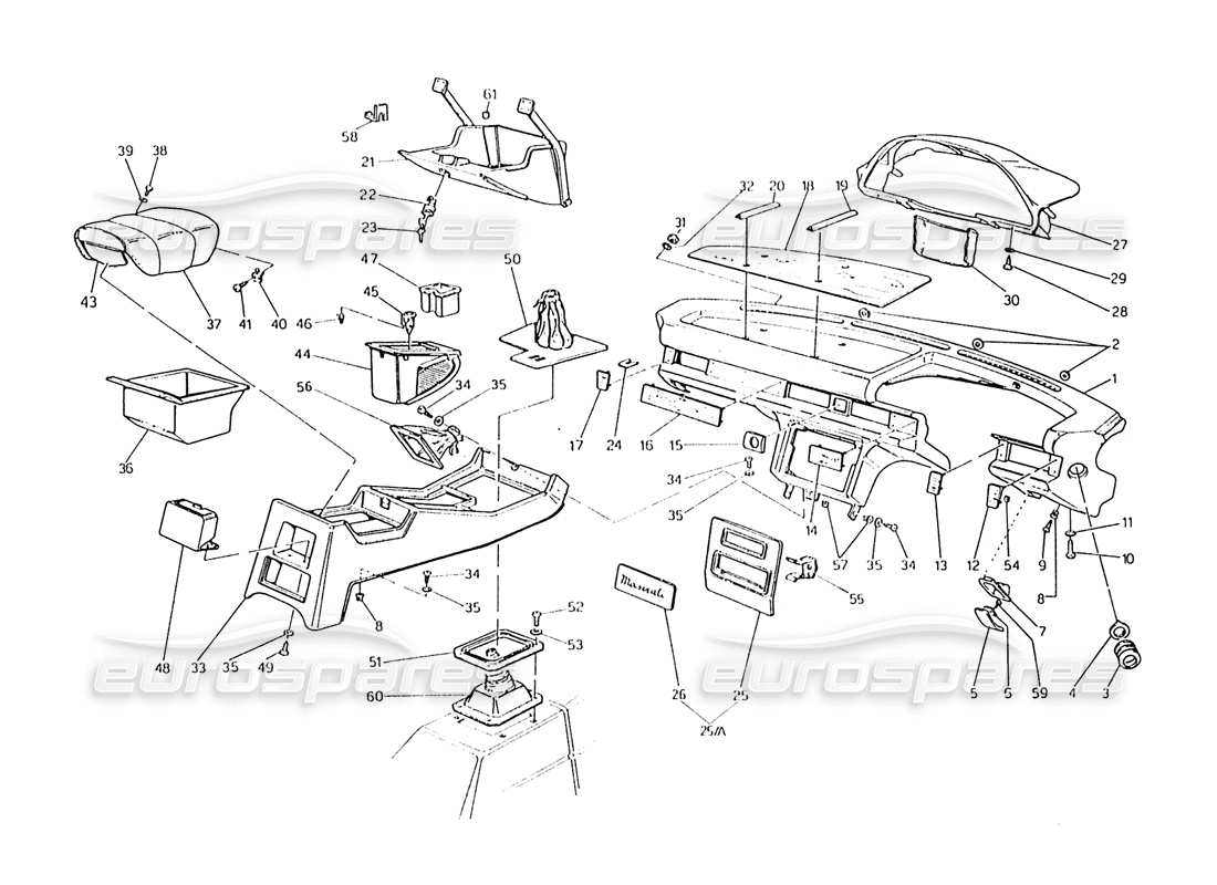maserati karif 2.8 schema delle parti del pannello strumenti e della console (auto con sterzo destro).