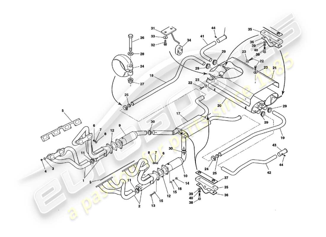 aston martin v8 volante (1999) impianto di scarico diagramma delle parti