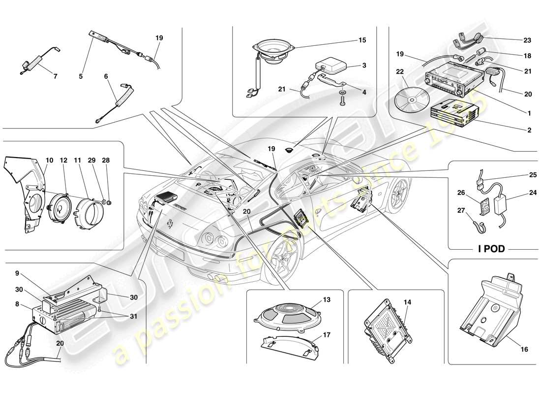 ferrari 612 scaglietti (usa) sistema audio-gps diagramma delle parti