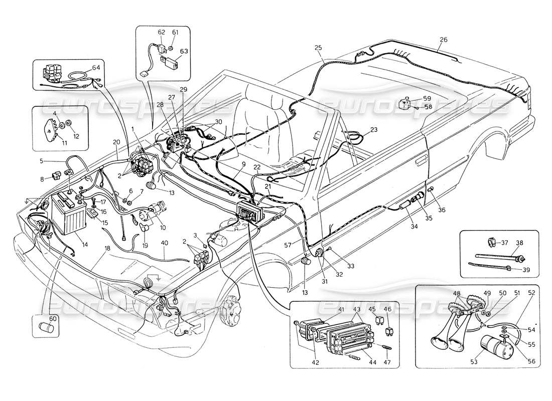 maserati biturbo spider schema delle parti del cablaggio e dei componenti elettrici (sterzo sinistro).