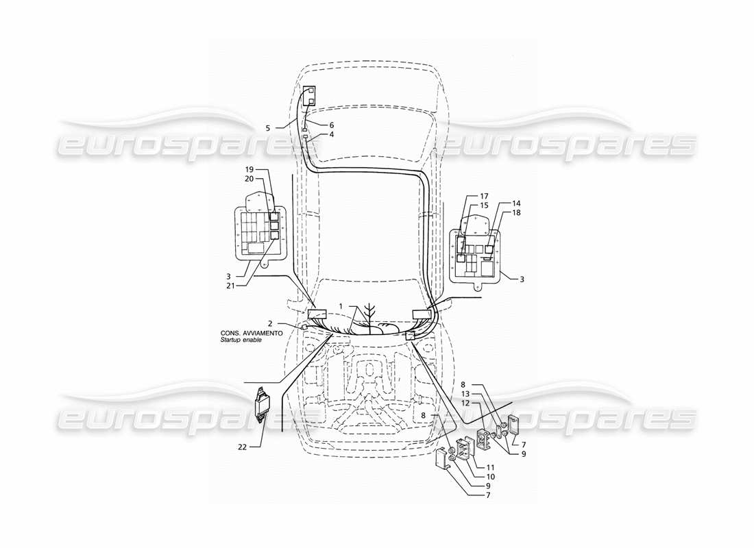 maserati ghibli 2.8 (abs) impianto elettrico: diagramma delle parti del cruscotto e della batteria (guida a destra).