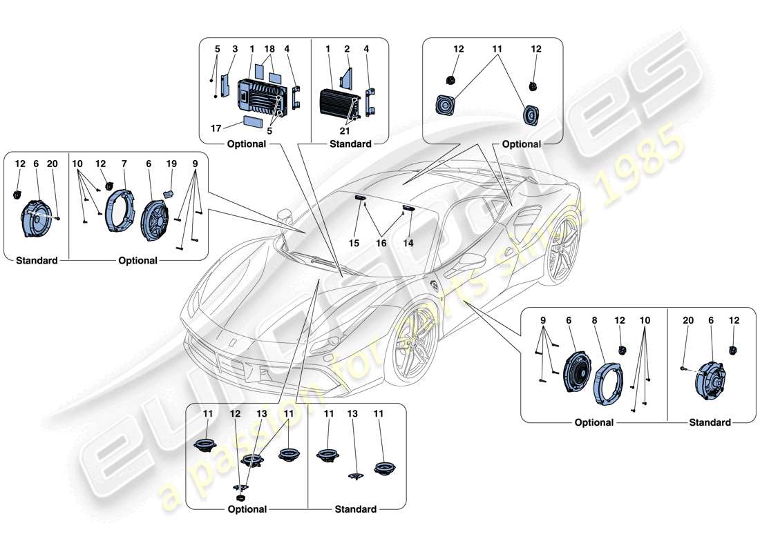 ferrari 488 gtb (rhd) sistema di altoparlanti audio diagramma delle parti