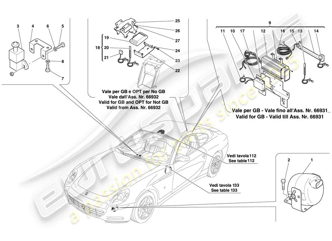 ferrari 612 scaglietti (usa) ecu e dispositivi del sistema antifurto diagramma delle parti