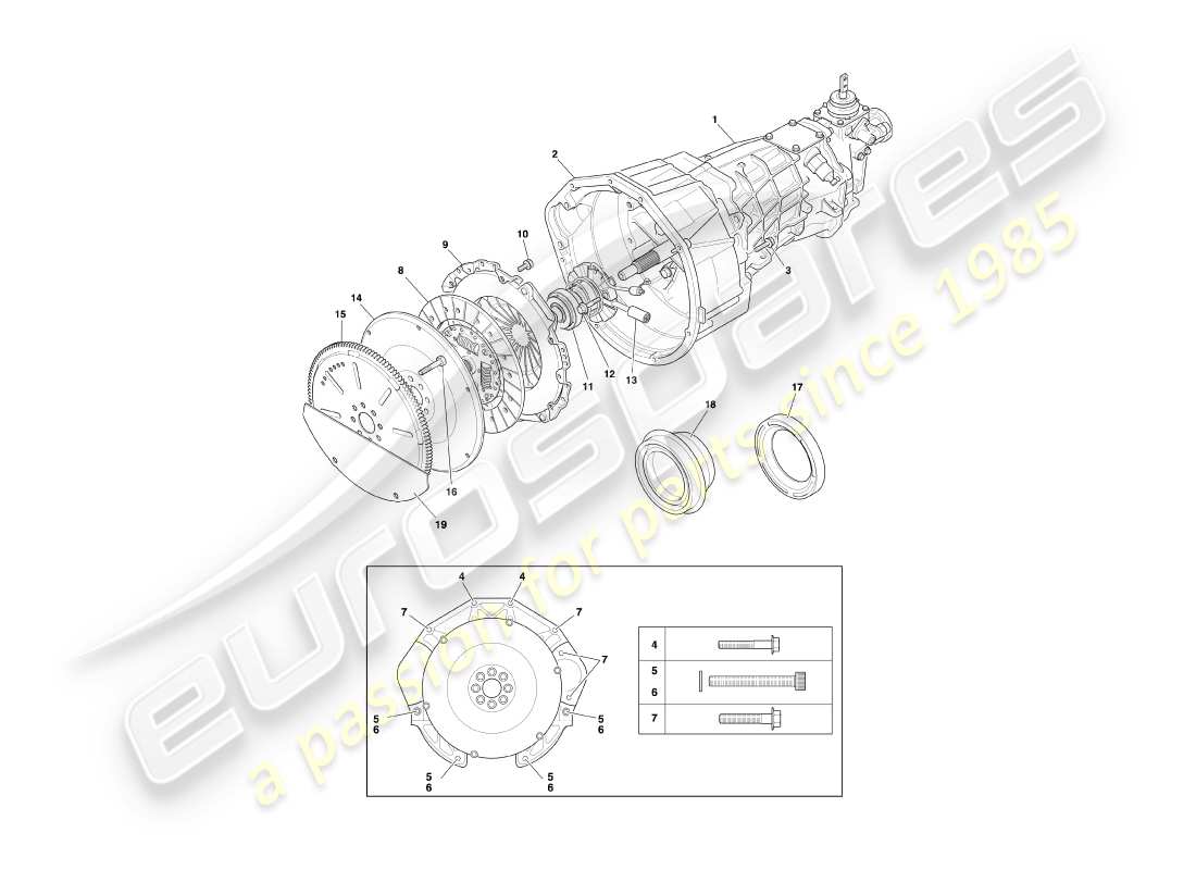 aston martin db7 vantage (1999) schema delle parti del cambio manuale e della frizione