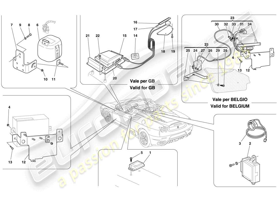 ferrari f430 spider (rhd) ecu e dispositivi del sistema antifurto schema delle parti