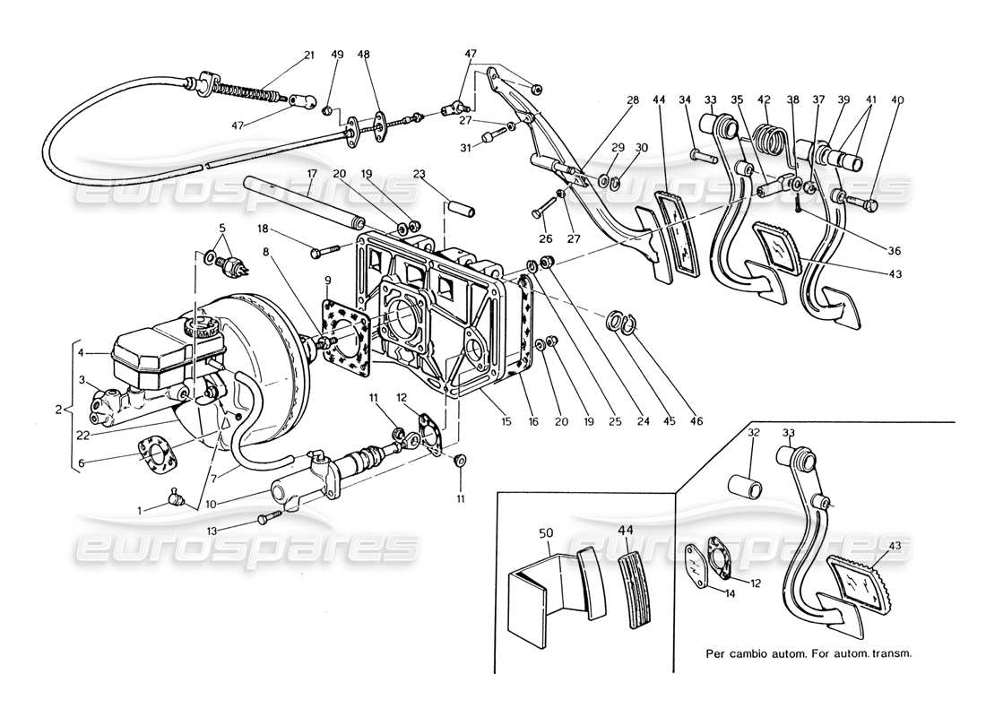 maserati 222 / 222e biturbo gruppo pedale - pompa frizione servofreno per guida a destra schema delle parti