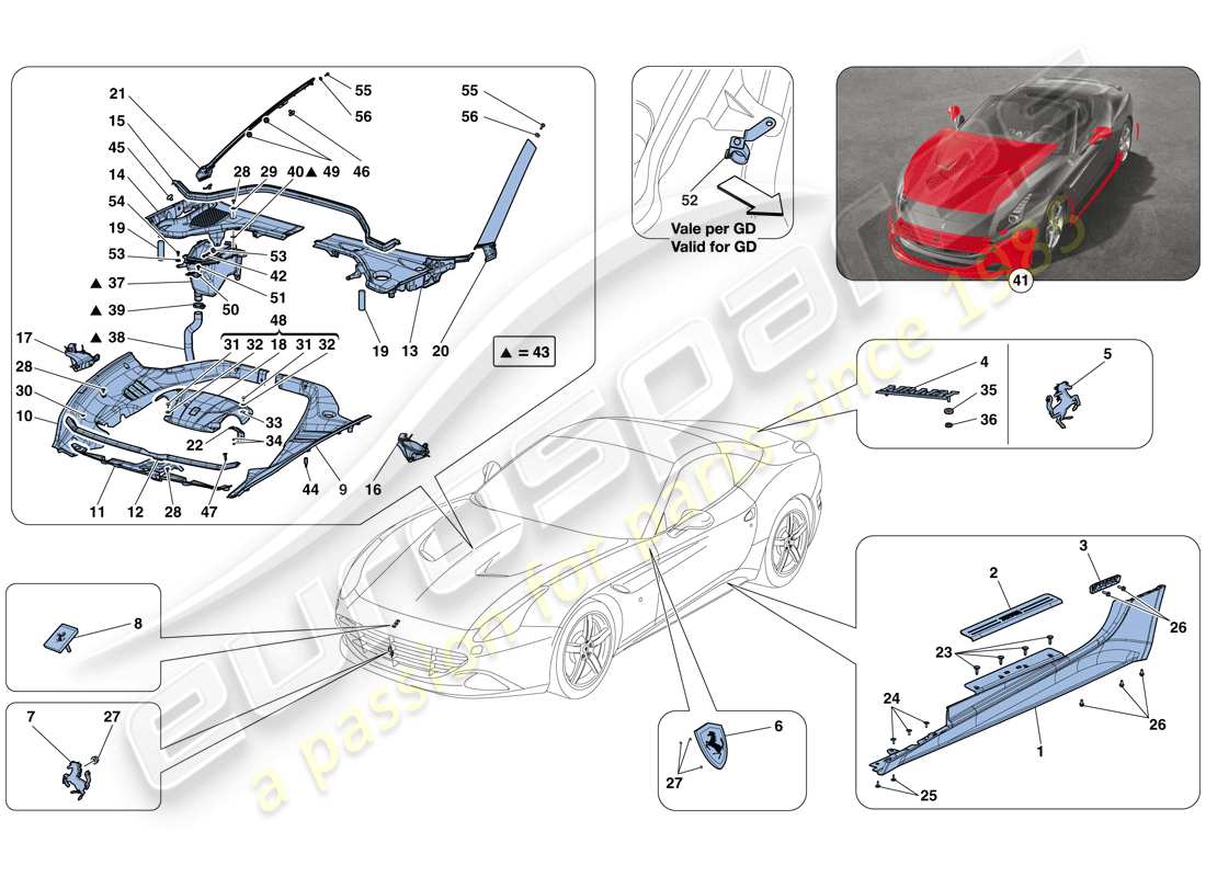 ferrari california t (rhd) scudi, rivestimento esterno diagramma delle parti