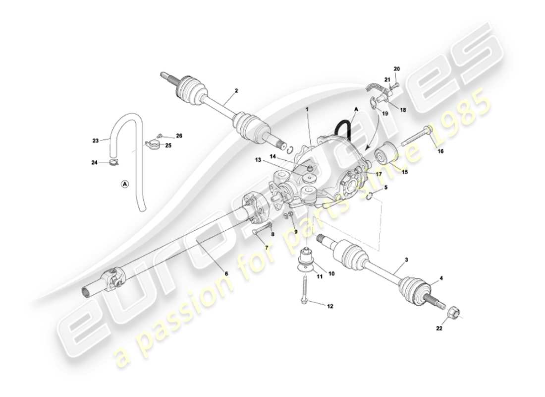 aston martin vanquish (2002) diagramma delle parti del gruppo differenziale, trasmissione e alberi di trasmissione