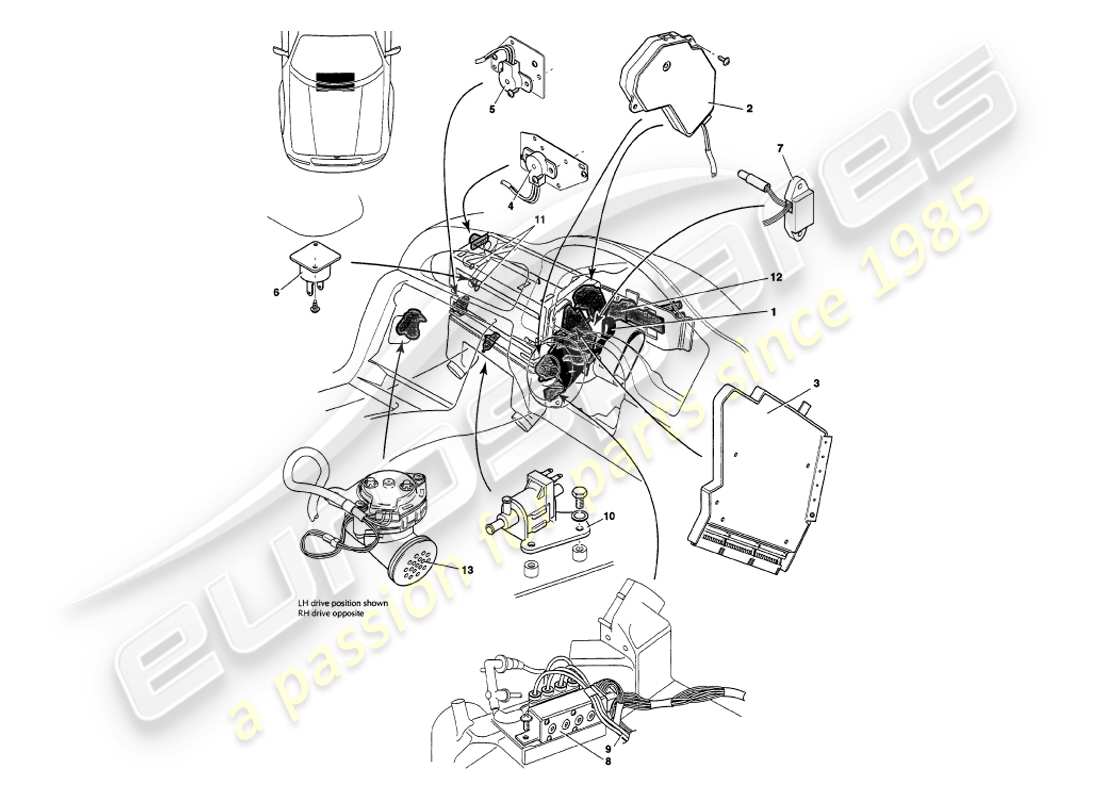 aston martin v8 volante (1997) diagramma delle parti di sensori, interruttori, solenoidi, motori ecc