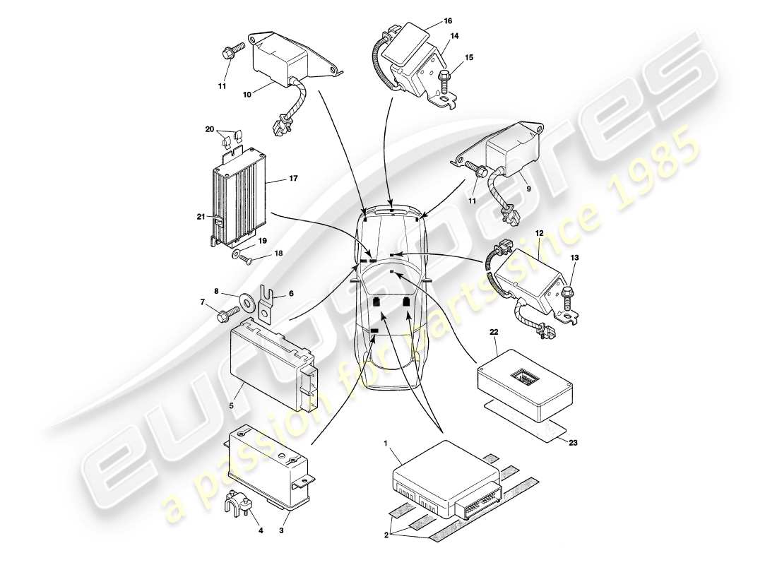 aston martin v8 coupe (2000) diagramma delle parti dei moduli di controllo elettronico