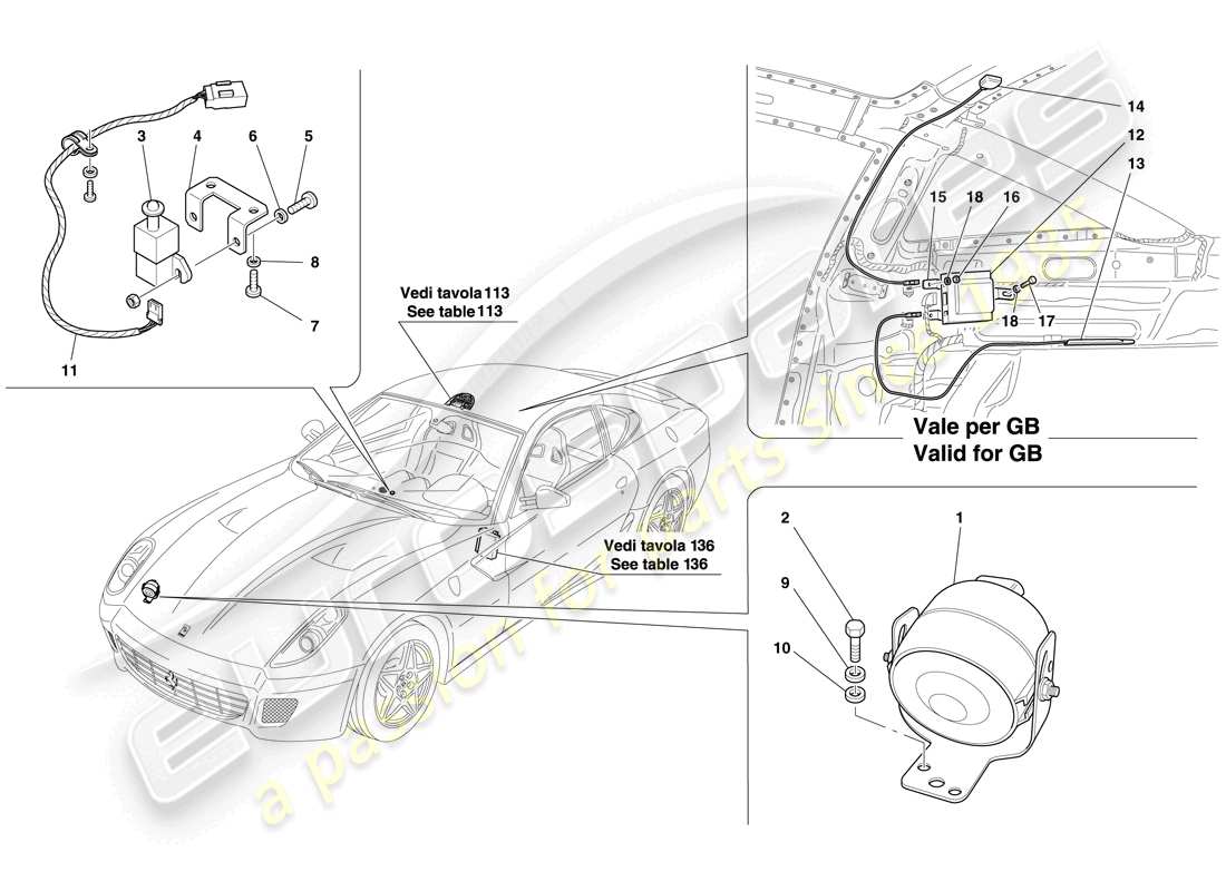 ferrari 599 gtb fiorano (rhd) ecu e dispositivi del sistema antifurto diagramma delle parti