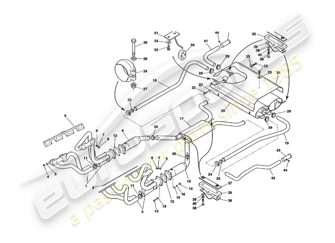 aston martin v8 volante (2000) diagramma delle parti del sistema di scarico