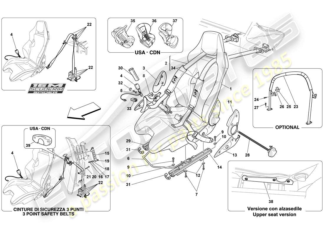 ferrari f430 scuderia spider 16m (europe) cintura sedile-rollbar racing seat-4 punto schema delle parti