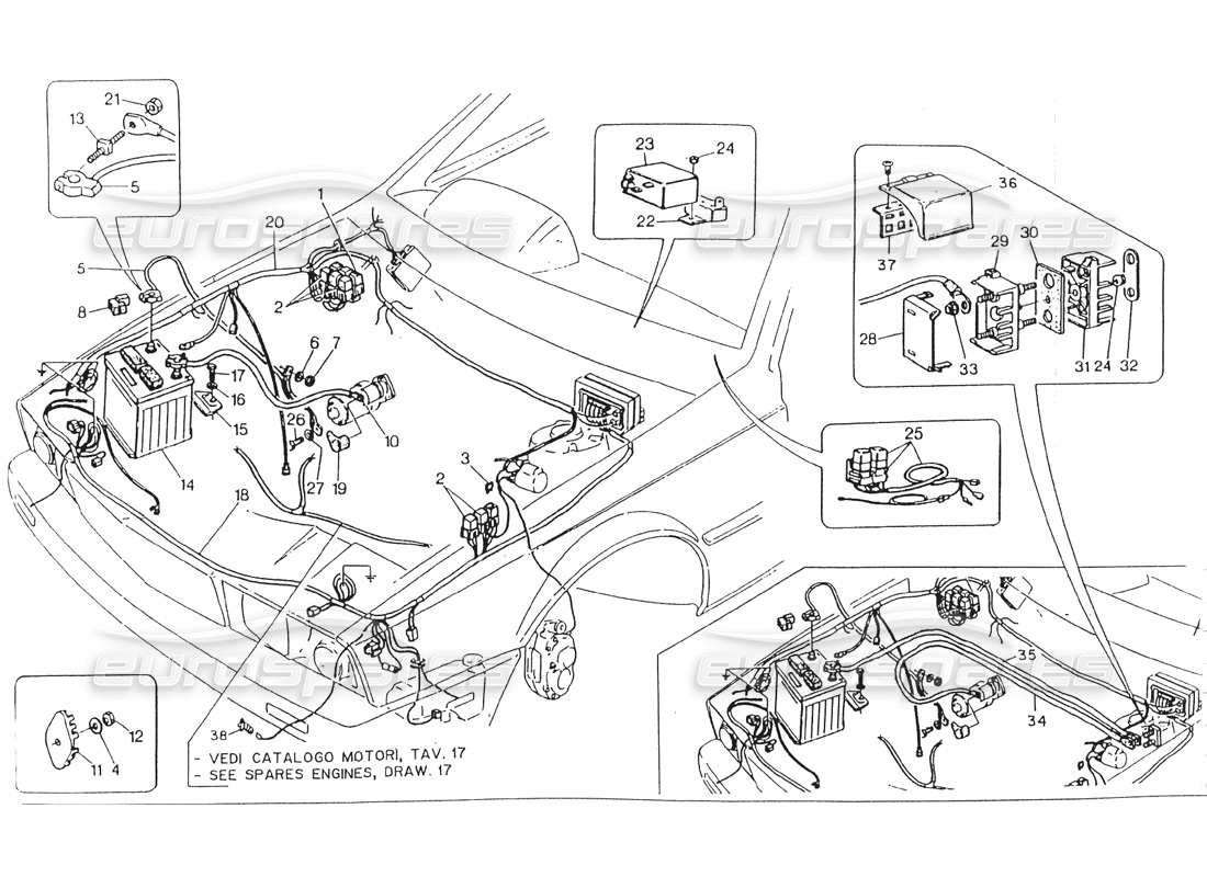 maserati 418 / 4.24v / 430 vano motore. elettr. sistema,sterzo destro. diagramma delle parti