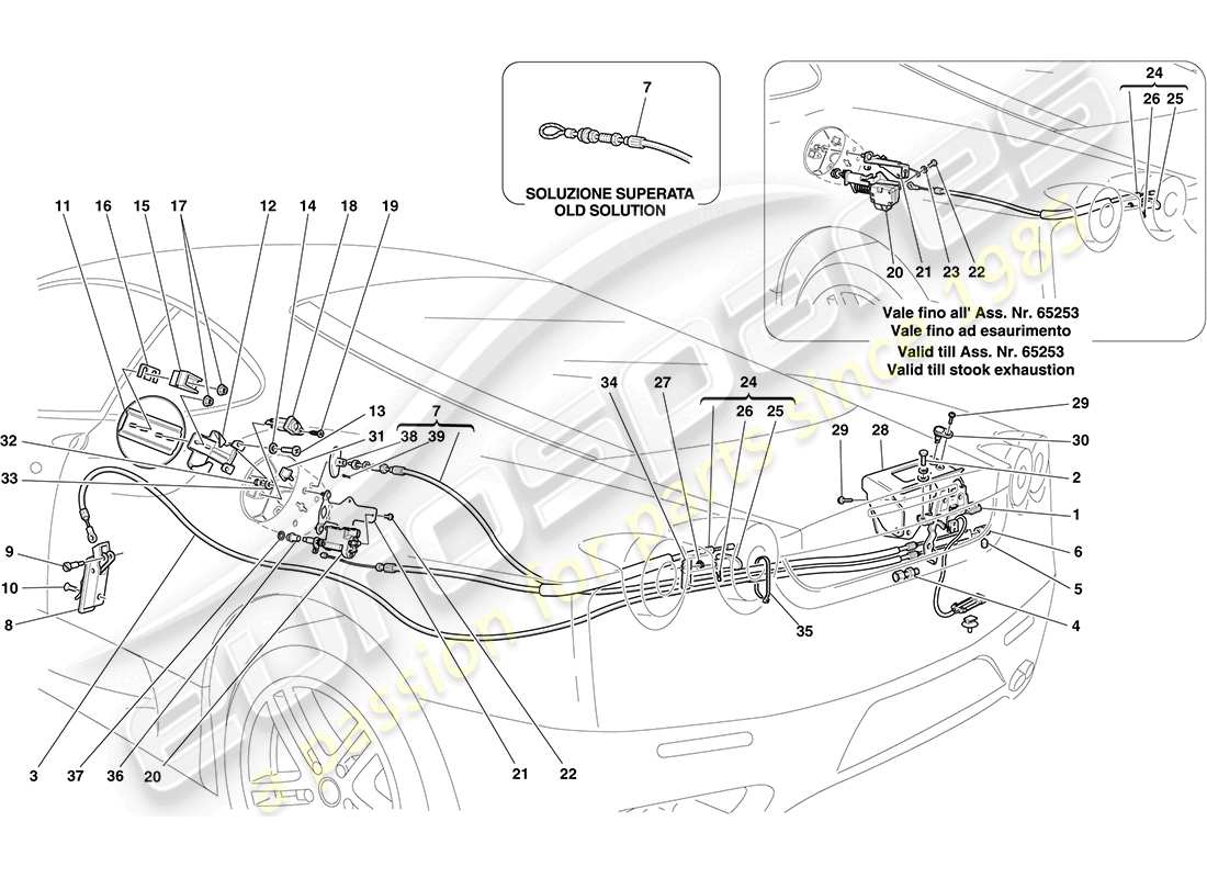 ferrari f430 coupe (europe) meccanismi di apertura coperchio vano motore e sportello carburante diagramma delle parti