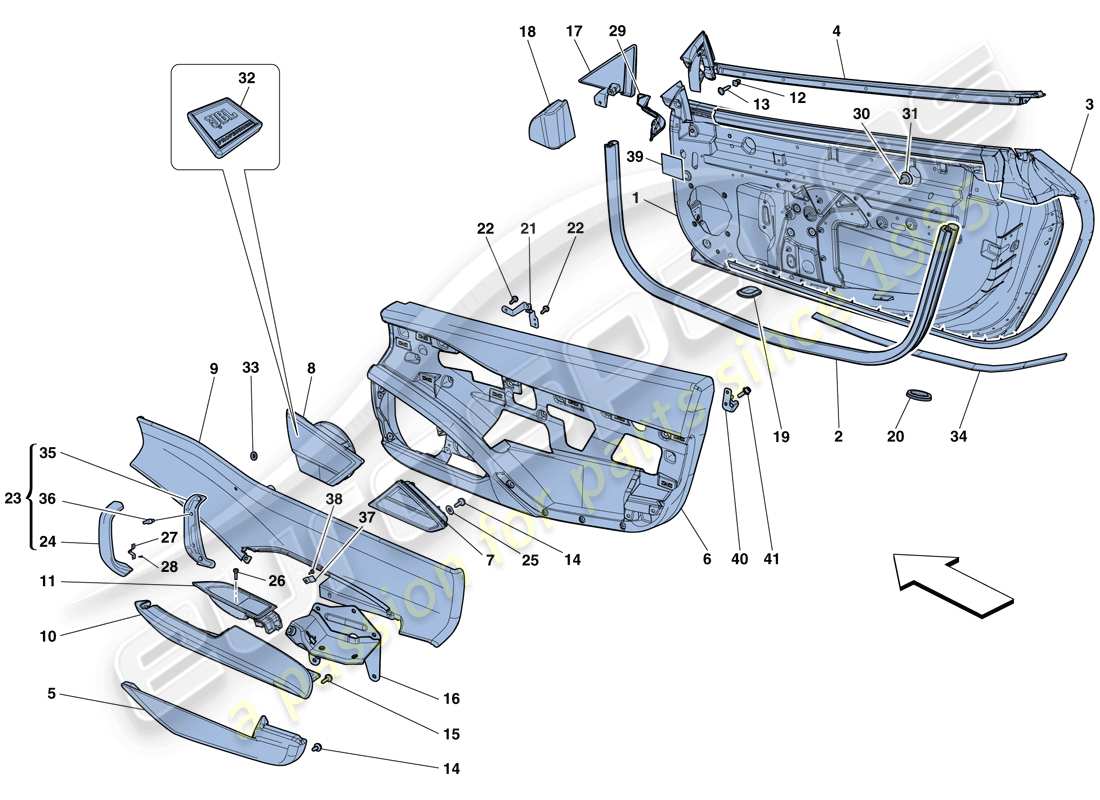 ferrari 458 spider (rhd) porte - sottostruttura e rivestimento schema delle parti