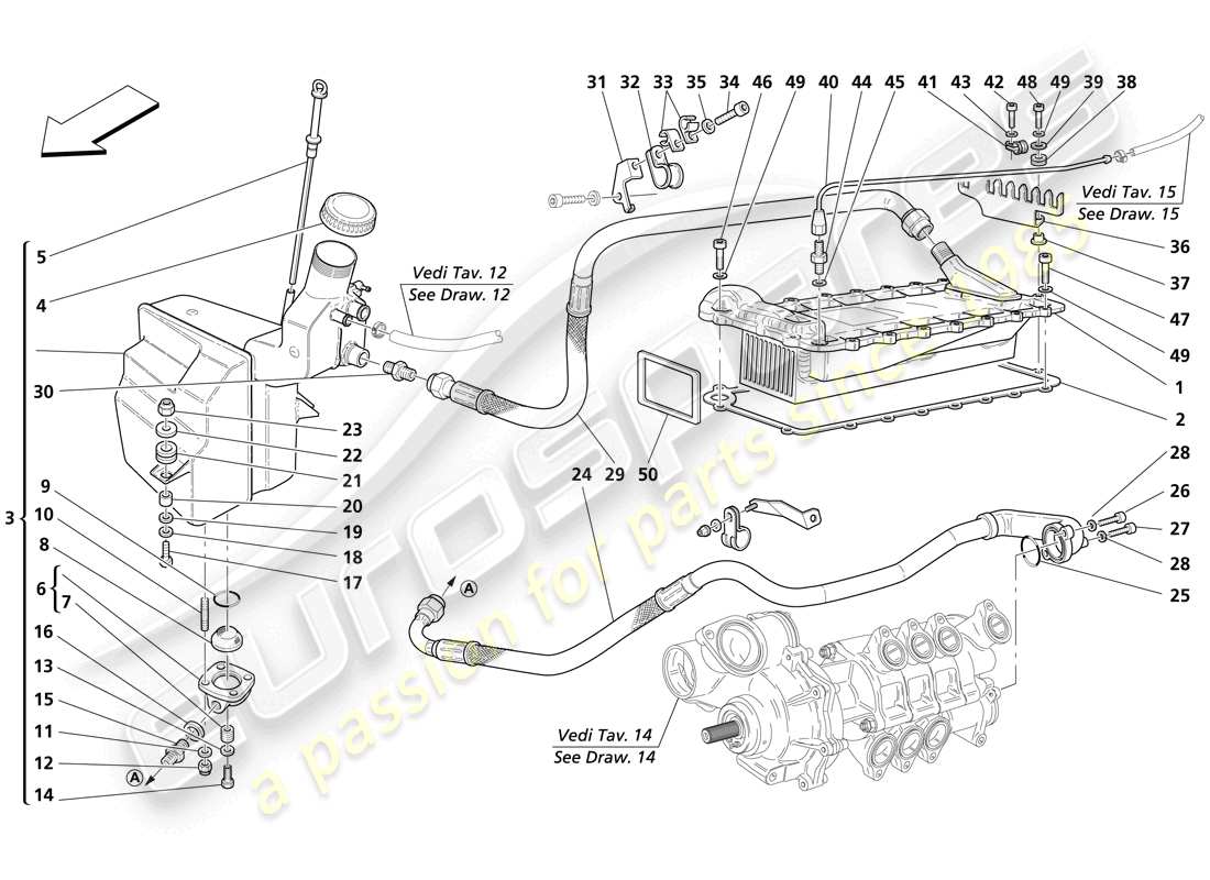 maserati trofeo schema delle parti del sistema di lubrificazione - serbatoio - scambiatore di calore