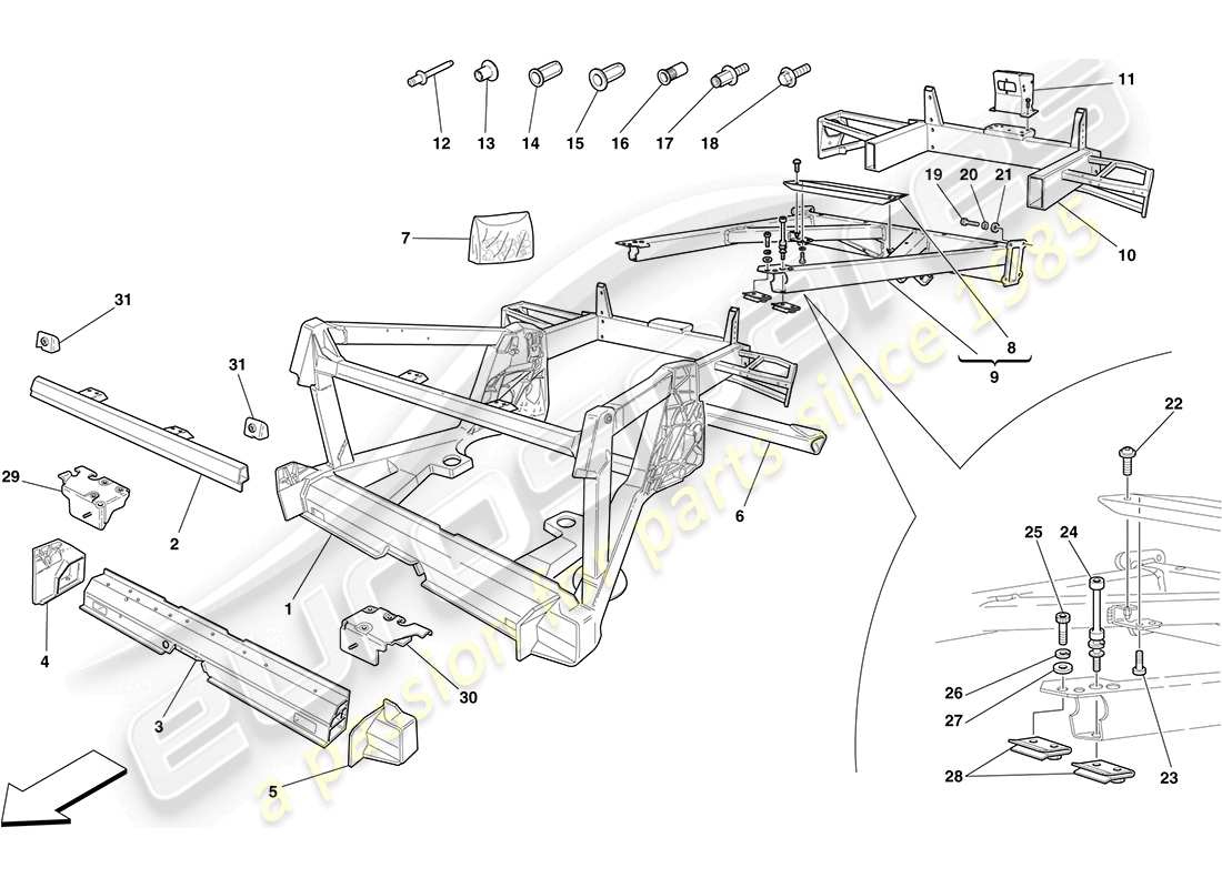 ferrari f430 coupe (rhd) telaio - struttura, elementi posteriori e pannelli schema delle parti