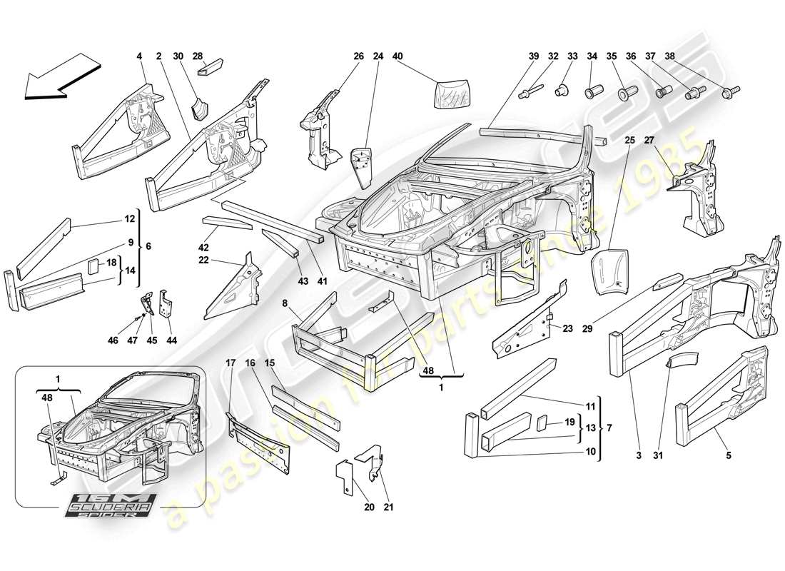ferrari f430 scuderia spider 16m (rhd) telaio - struttura, elementi anteriori e pannelli schema delle parti